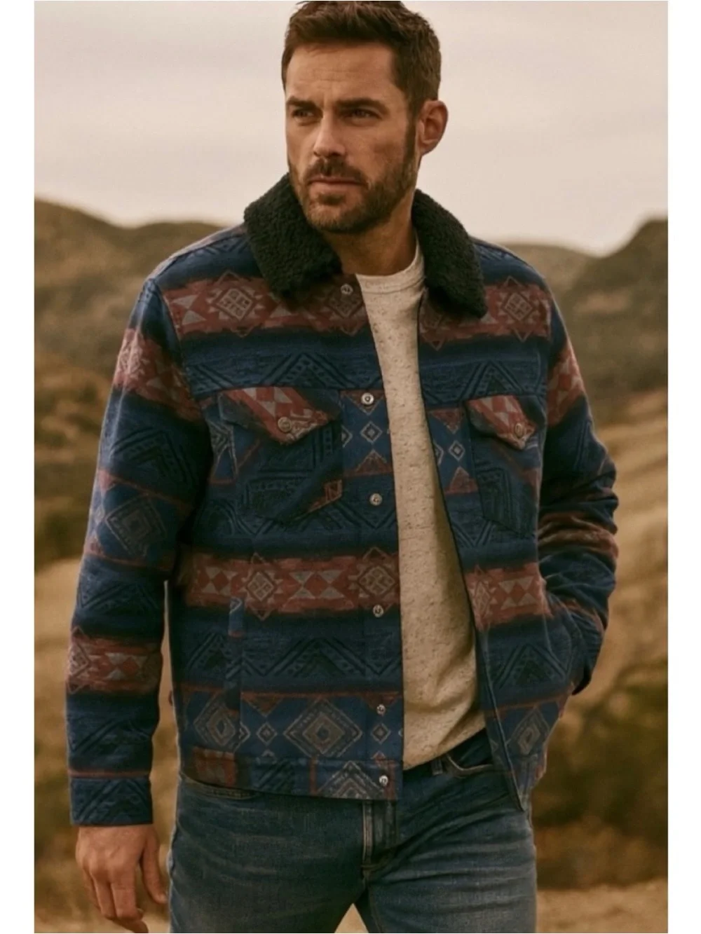 Lucky Brand Men’s Stripe Sherpa Lined Trucker Jacket Aztec Southwest Large
